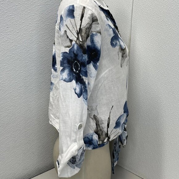 100% Lino Women’s Cropped Floral Print Linen Blouse One Size White/Blue - Picture 7 of 7